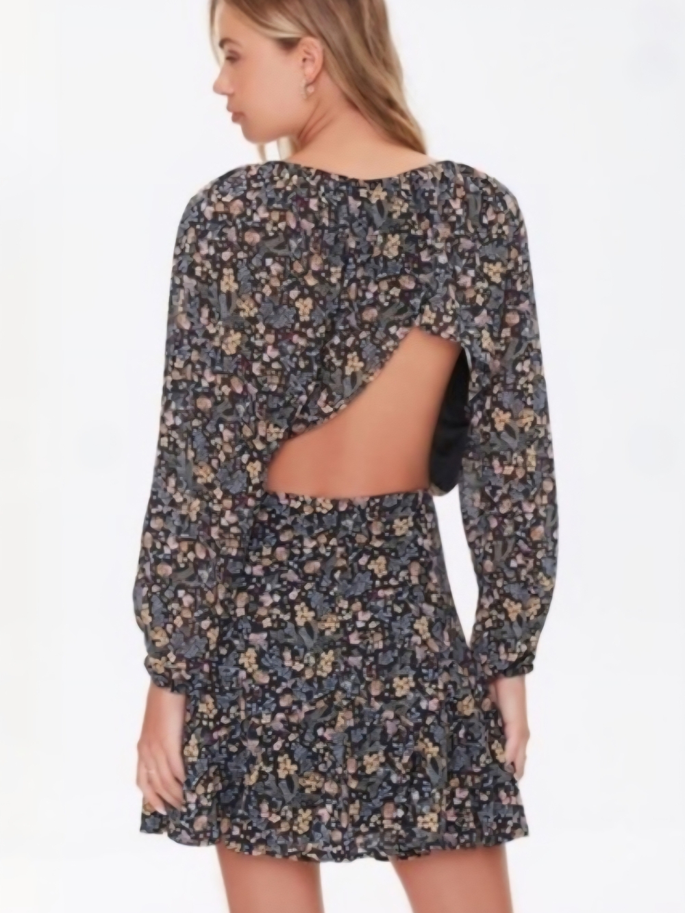 Forever 21 Multi Floral Backless Long Sleeve Mini Dress, Small